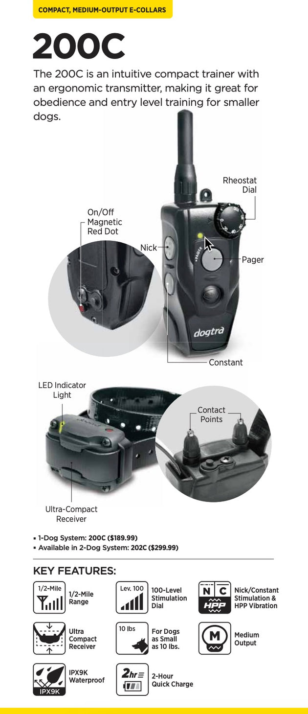 Dogtra 200C Waterproof ½-Mile One-Handed Operation Remote Training Dog E-Collar