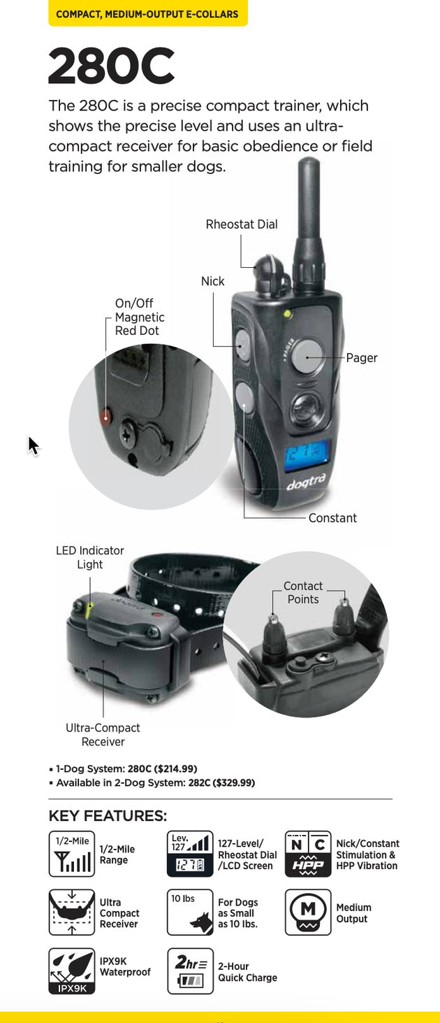 Dogtra 280C Waterproof 127-Level Precise Control LCD Screen ½-Mile Remote Training Dog E-Collar