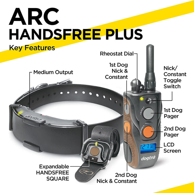 Dogtra ARC HANDSFREE Plus Expandable to 2-Dog Remote Dog Training E-Collar with HANDSFREE Square for Discreet and Precise Control Slim Ergonomic Rechargeable Waterproof 3/4-Mile Range