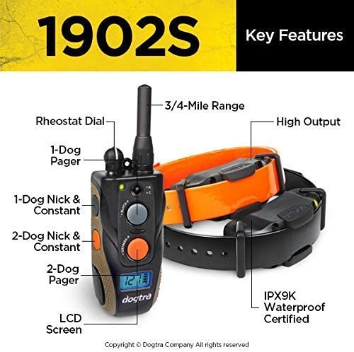 1902S Ergonomic 3/4-Mile IPX9K Waterproof High-Output 2-Dog Remote Dog Training E-Collar