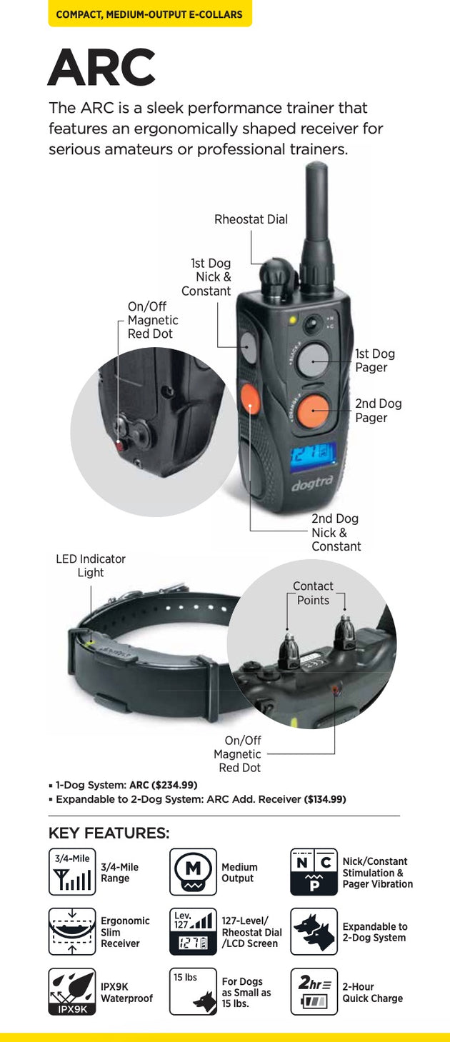 Dogtra ARC HANDSFREE Plus Expandable to 2-Dog Remote Dog Training E-Collar with HANDSFREE Square for Discreet and Precise Control Slim Ergonomic Rechargeable Waterproof 3/4-Mile Range